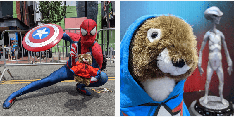 Left: spiderman holding Sammy the hungry Squirrel . Right: Sammy the hungry squirrel next to alien statue