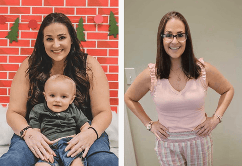 Portraits of Nicole one side her prior over weight with her son, and second one her in shape