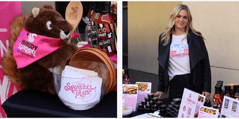 Image on the left, close up picture of hungry squirrel mascot, and sauces. Image on the right lady in hungry squirrel booth at Sweat Circuit