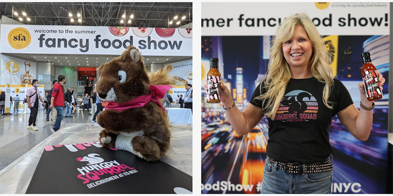 Left: Hungry Squirrel mascot on the table. Banner behind text: Welcome to the summer fancy food show. Right: A lady holding hungry squirrel sauce on each hand