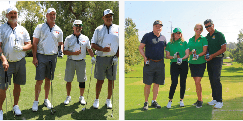 picture on the left: 4 men on the golf course holding hungry squirrel's pencil merchandise. Picture on the right: 2 couples smiling, holding hungry squirrel sauce bottle