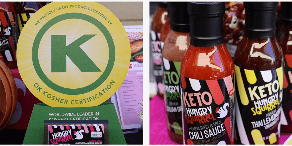 Image on the left "We proudly carry products certified by OK Kosher Certification". Image on the right, close up of couple Hungry Squirrel Sauces