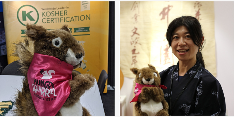 image on the left: Hungry Squirrel stuff animal mascot. Right: Lady in Japanese kimono holding hungry squirrel stuff animal mascot