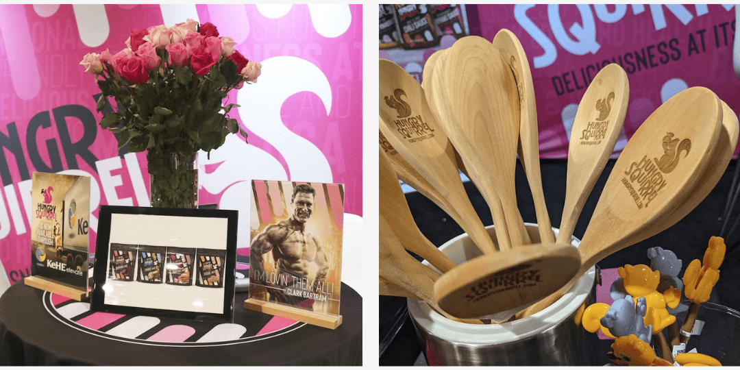 Items placed on the Hungry Squirrel booth such as Hungry Squirrel branded stirring spoons and pictures