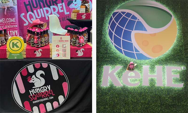 left: close up picture of hungry squirrel's booth table. Right KEHE logo and Hungry Squirrel stuff animal mascot