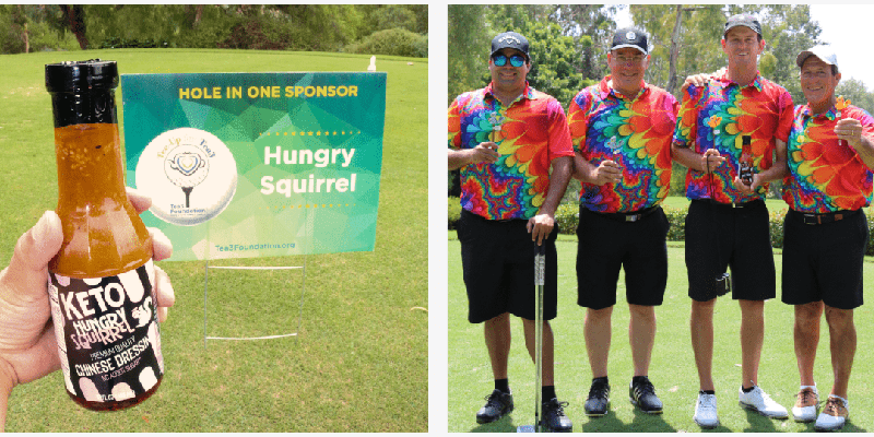 image on the left: close up picture of Hungry Squirrel Chinese dressing in front of Hole in one sponsor sign. Picture on the right: 4 mens in golf attire smiling & holding hungry squirrel merchandise pencil