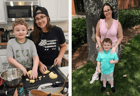 Nicole and her son cooking potatoes and posing in front of a tree