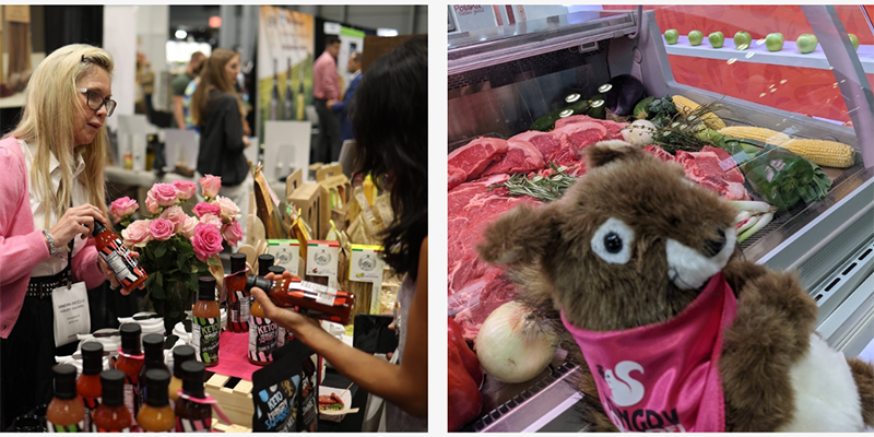 Image on left: Lady explaining about Hungry Squirrel Sauce to customer. Right: Hungry Squirrel Mascot in front of meat section in the grocery store