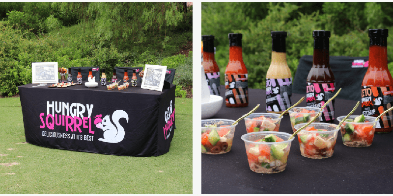 left: Hungry Squirrel booth table on the golf course. Right: Close up image of food sample with Hungry Squirrel sauce bottles