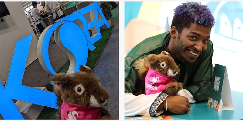 Left: Hungry Squirrel mascot in front "korea" photo spot. Right: Man holding hungry squirrel mascot stuff animal and smilling