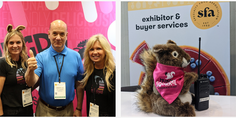 left: Hungry Squirrel trade show. Right: Hungry Squirrel mascot stuff animal holding walkie talkie