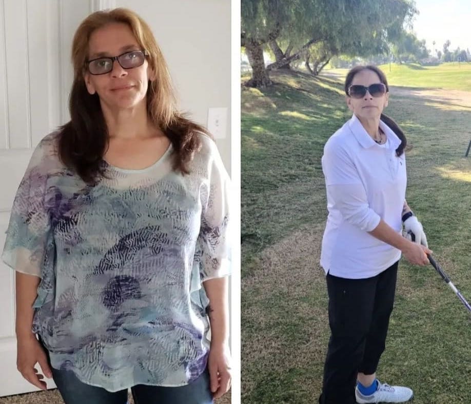 Left: Brenda before portrait. Right: Brenda after portrait playing golf