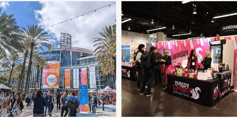 Left: Anaheim Convention Center | Right: Hungry Squirrel's booth with people listening to information