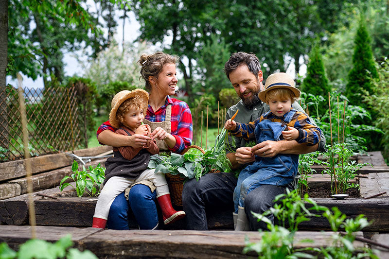 family with small children sitting on edge of vegetable garden