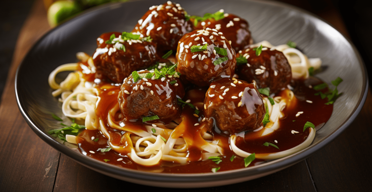 Bowl of almond flour noodles topped with meatballs