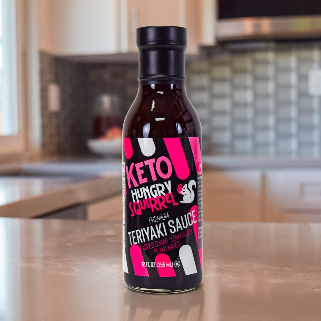 Hungry Squirrel Keto Teriyaki Sauce Product on top a kitchen counter