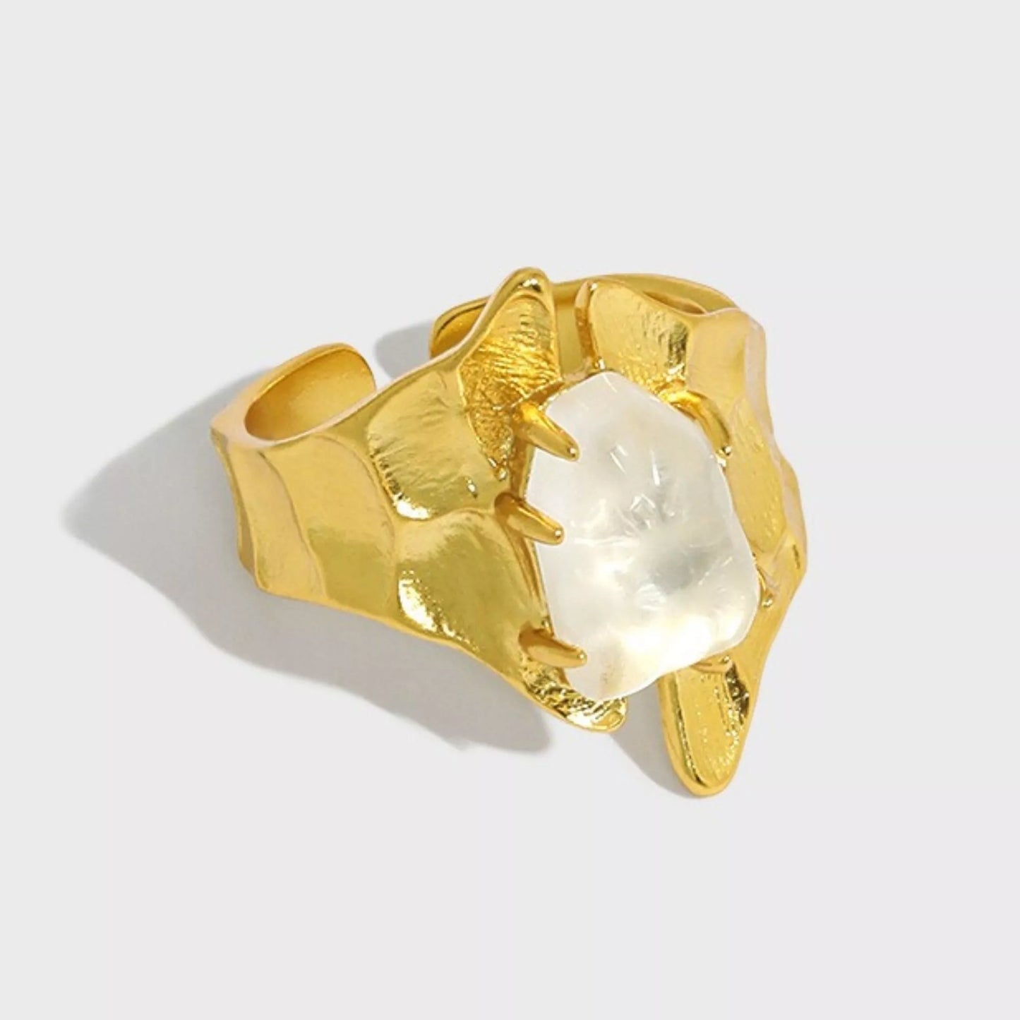 ﻿18k Gold Vermeil on Sterling Silver, White Quartz Crystal Statement Ring - Frigghk jewelry