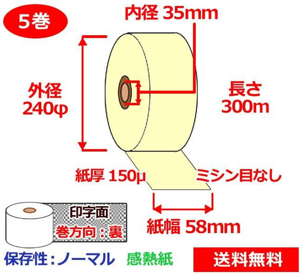 officeネット 券売機ロール紙 紙幅57.5mm×長さ300m×芯内径35mm 裏巻 白紙 ミシン目なし 紙厚150μ 5巻入 - 3