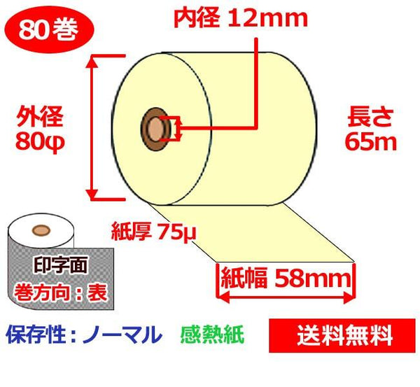 感熱ロール紙 58mm×80mm×12mm 65μ 80巻 サーマルロール紙 レジロール