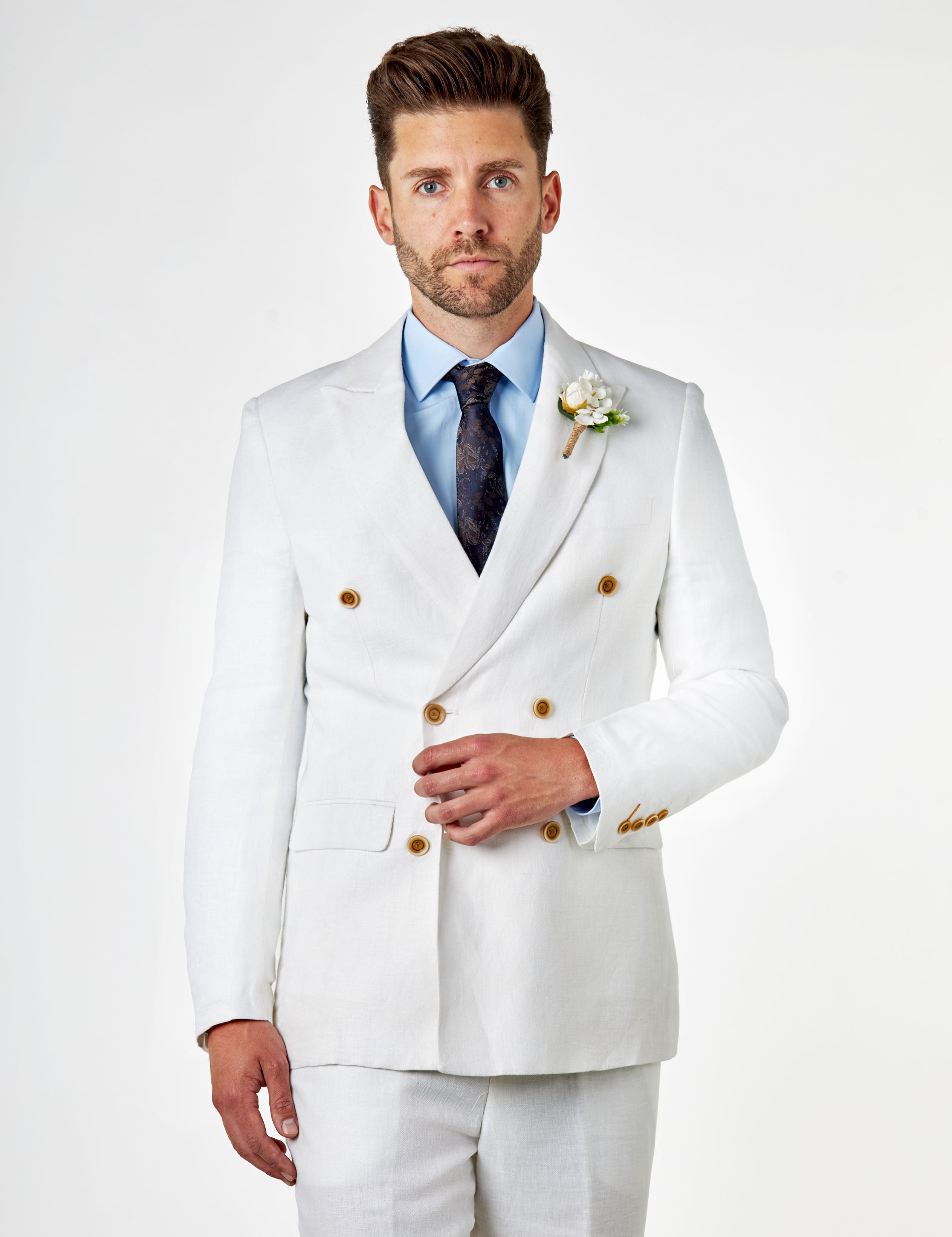 RAY - Tailored Fit Double Breasted Suit Off White Herringbone Linen