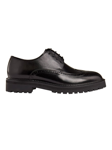 Black Derby Leather Shoes Lug Soles for Mens