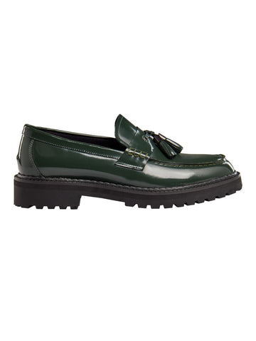 Men's Green Polished Leather Tassel MOD Loafers