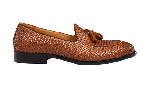 Men's Woven Leather Tassel Loafers in Tan