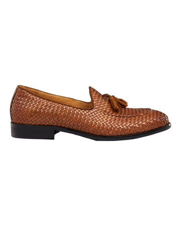 Men's Woven Leather Tassel Loafers in Tan