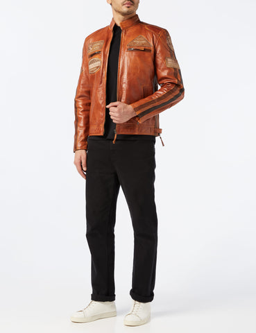 Tan brown mens racing leather biker jacket