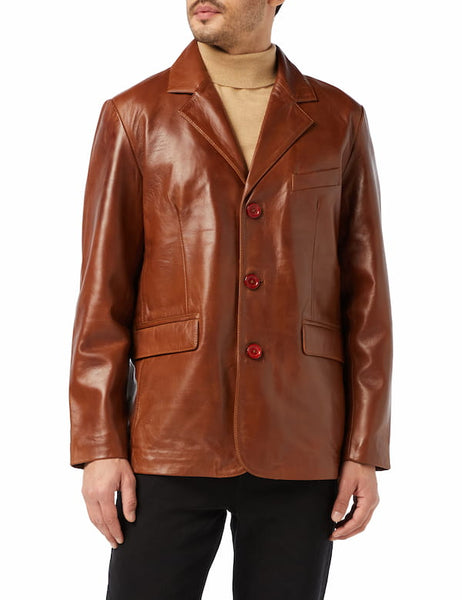 Mens tan brown leather refer blazer jacket