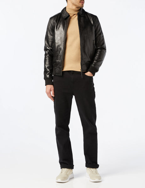 Mens black collar bomber jacket in real leather