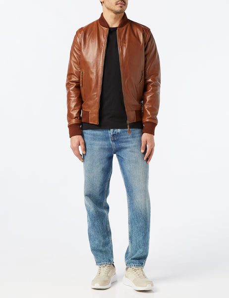 Mens classic tan brown leather bomber jacket
