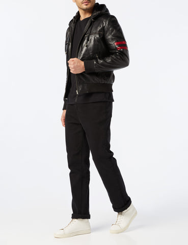 Mens black leather hoody bomber jacket