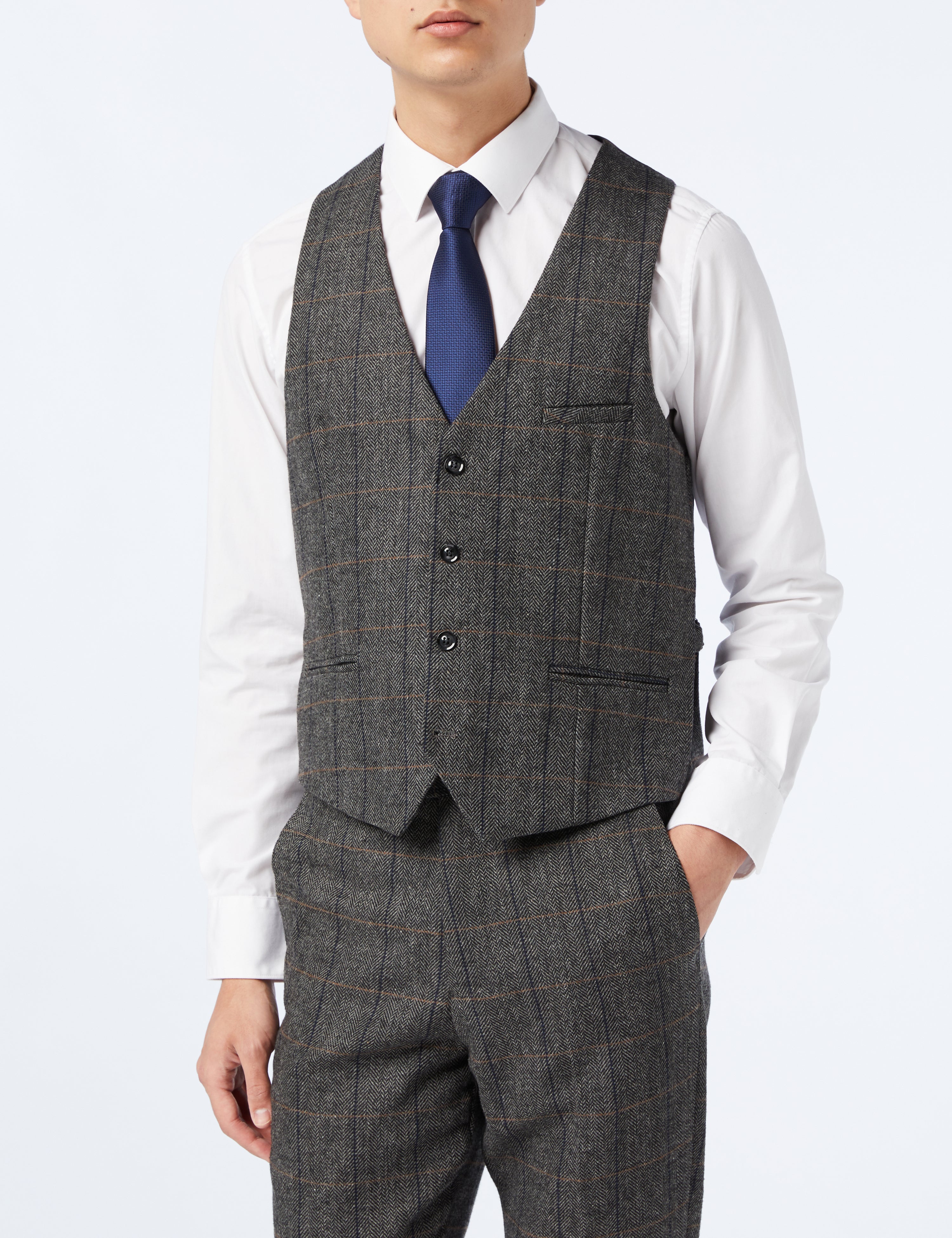 TWEED CHECK HERRINGBONE GREY JACKET & WAISTCOAT