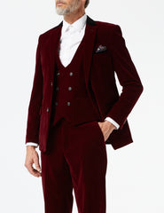 Men's 3 piece maroon velvet wedding suit