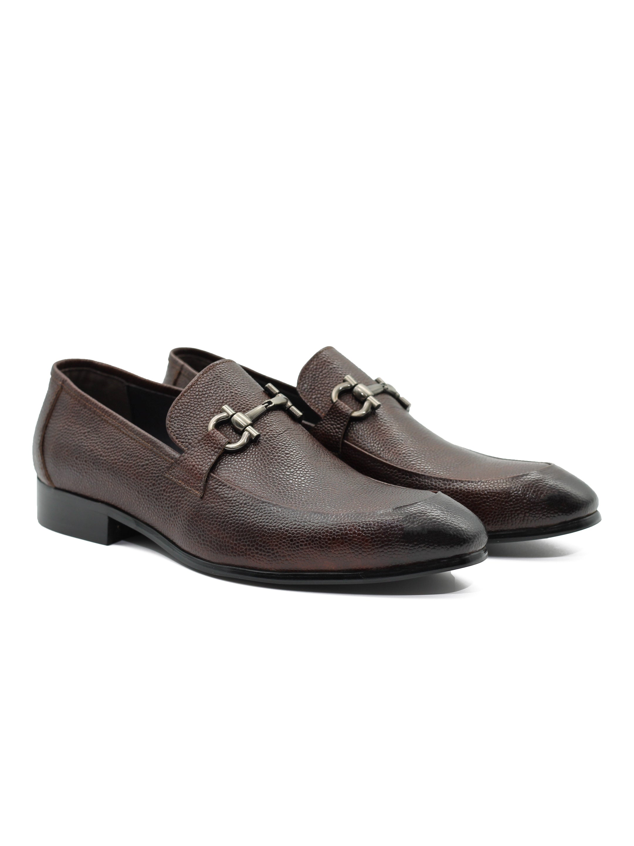 BROWN LEATHER SNAFLE BIT BUCKLE LOAFERS