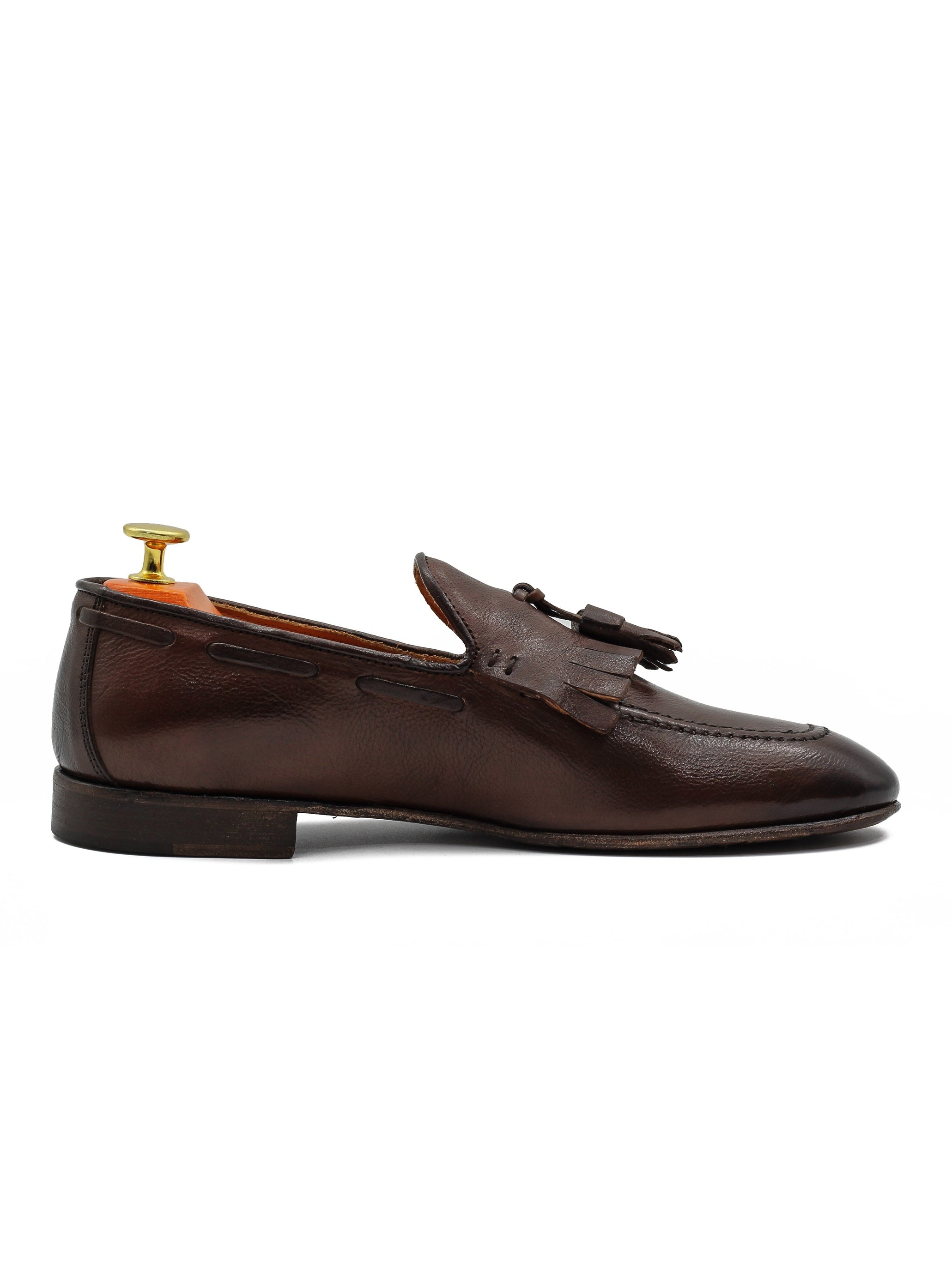 BROWN ITALIAN LEATHER COLLAPSIBLE KILTIE TASSEL LOAFER