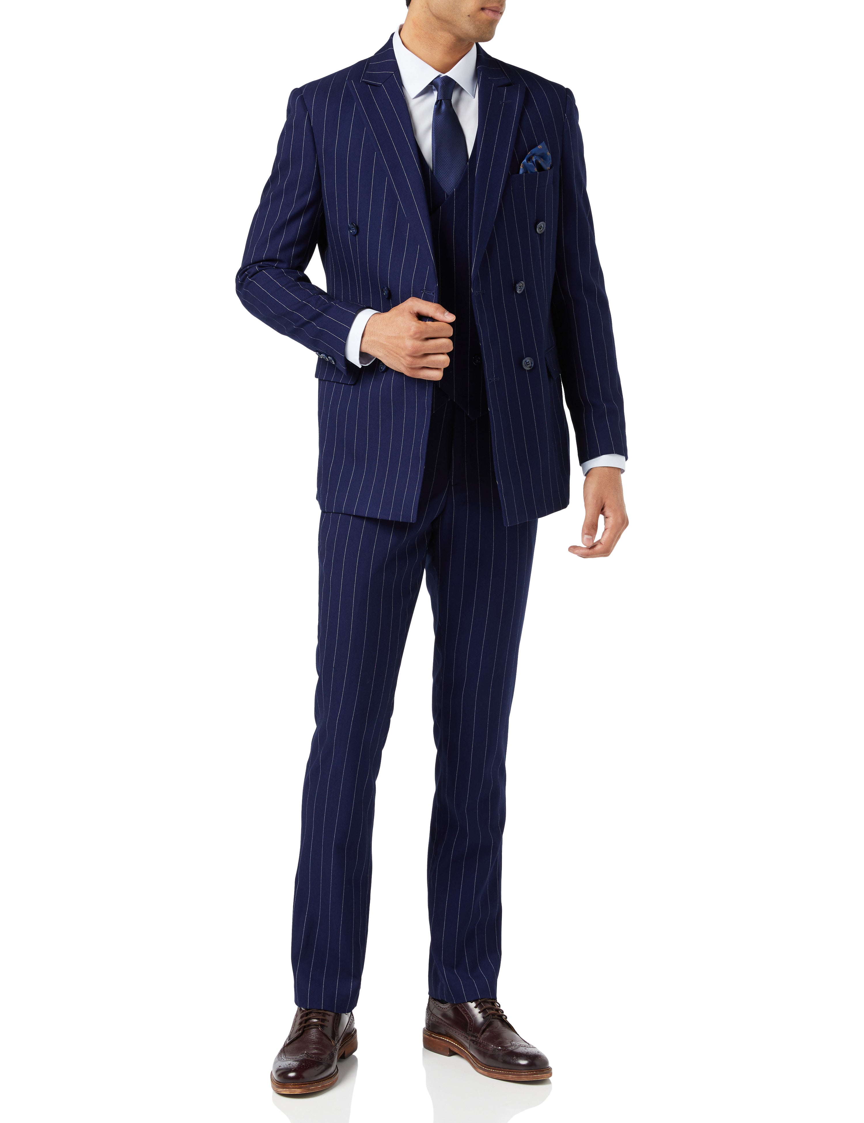 NAVY DOUBLE BREASTED WHITE PINSTRIPE JACKET & WAISTCOAT