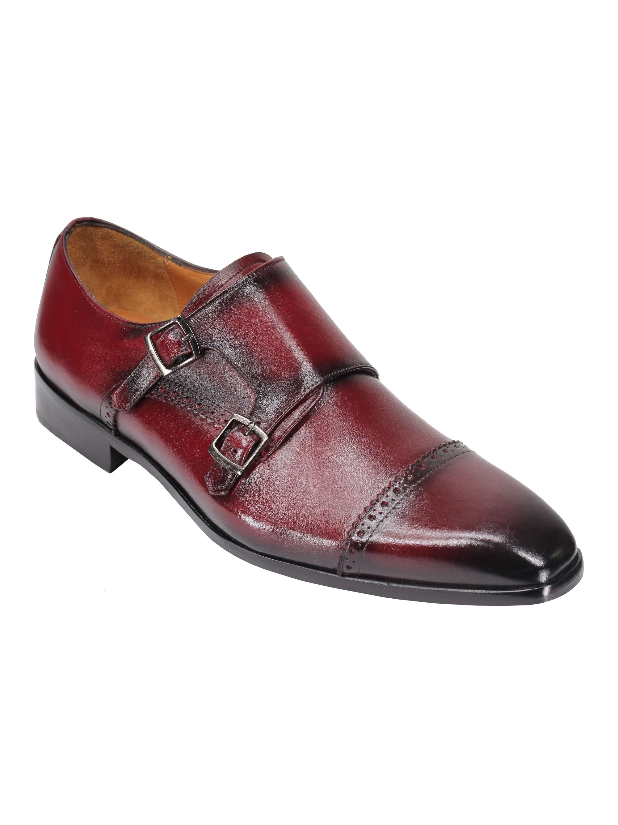 MAROON CALF LEATHER SEMI BROGUE MONK SHOES