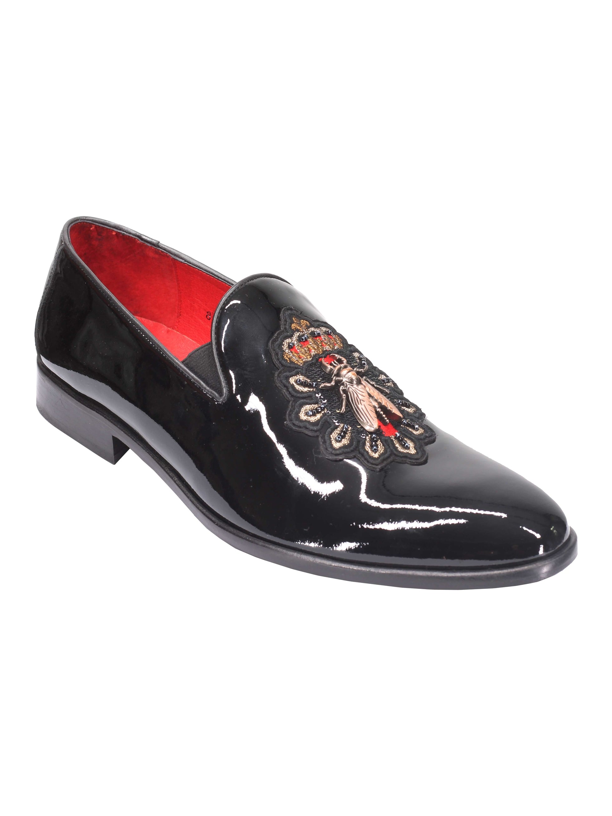 BLACK LEATHER SOLE SHOES WITH EMBROIDERY CROWN & BEE