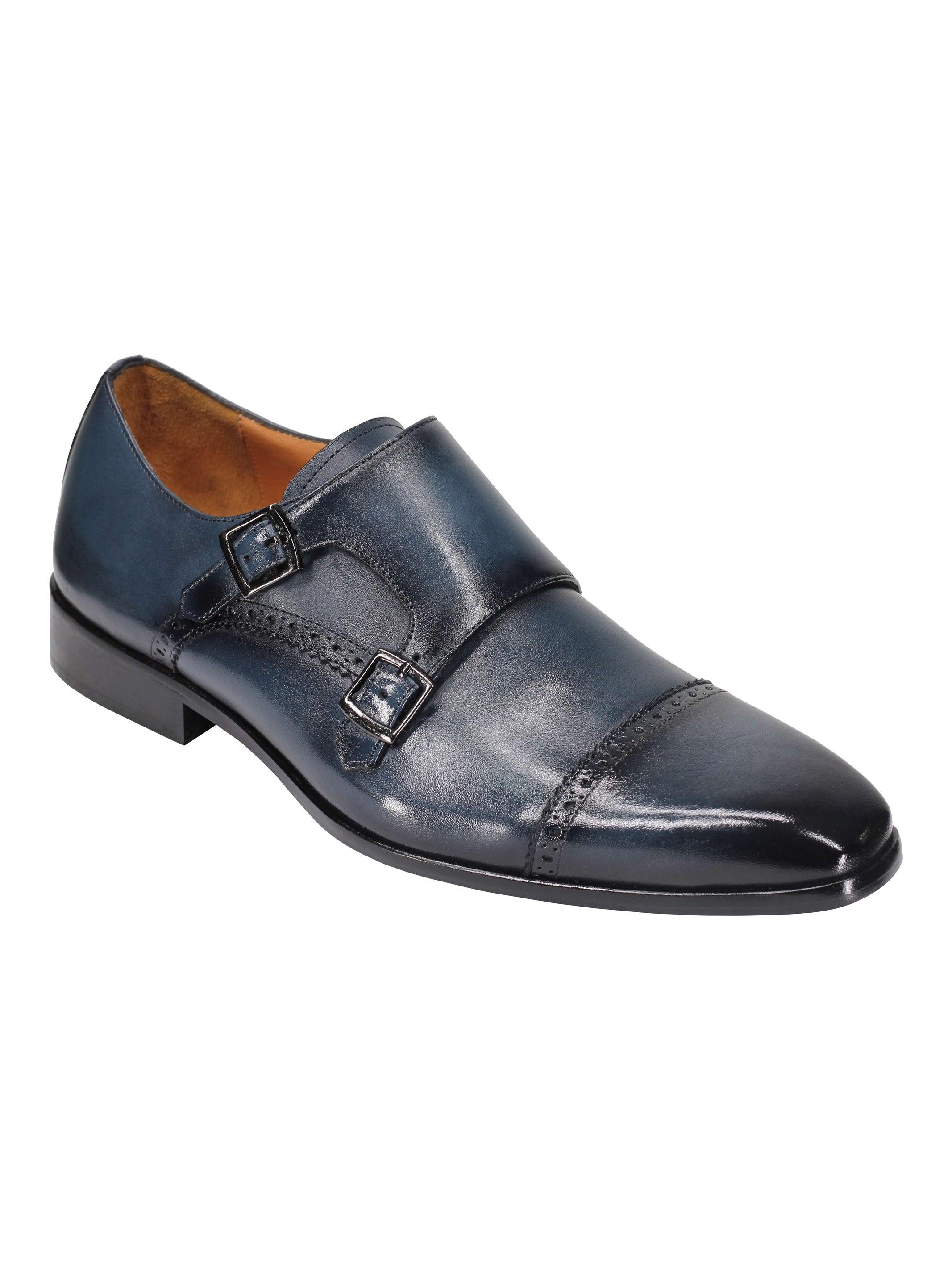 BLUE CALF LEATHER SEMI BROGUE MONK SHOES