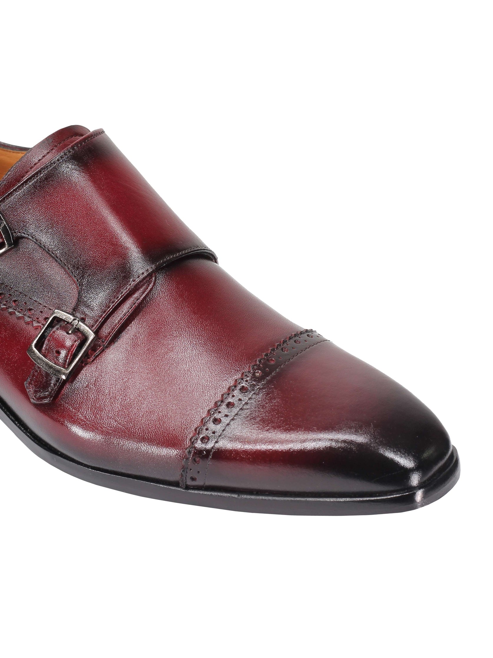 MAROON CALF LEATHER SEMI BROGUE MONK SHOES