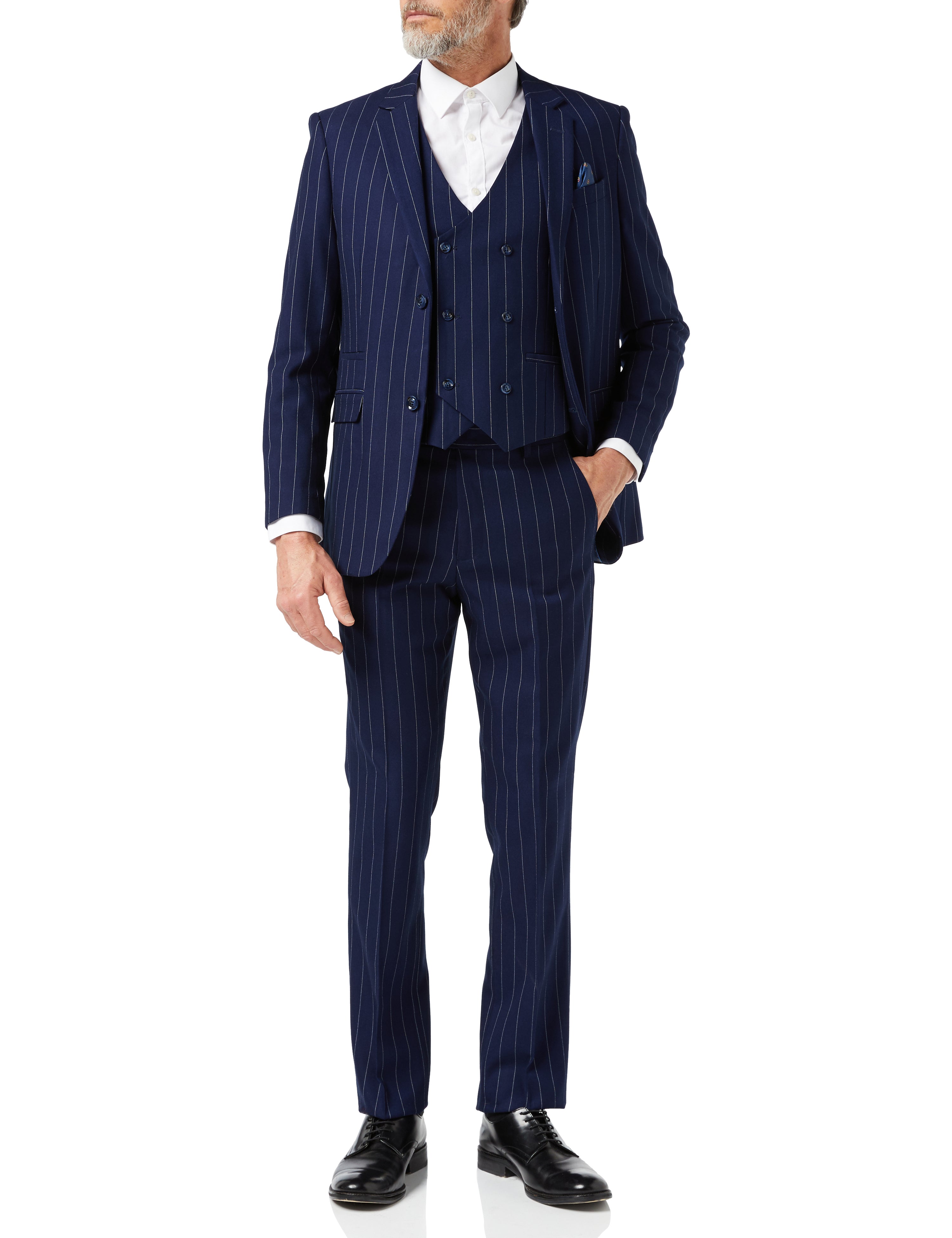 White Pinstripe on Navy Suit