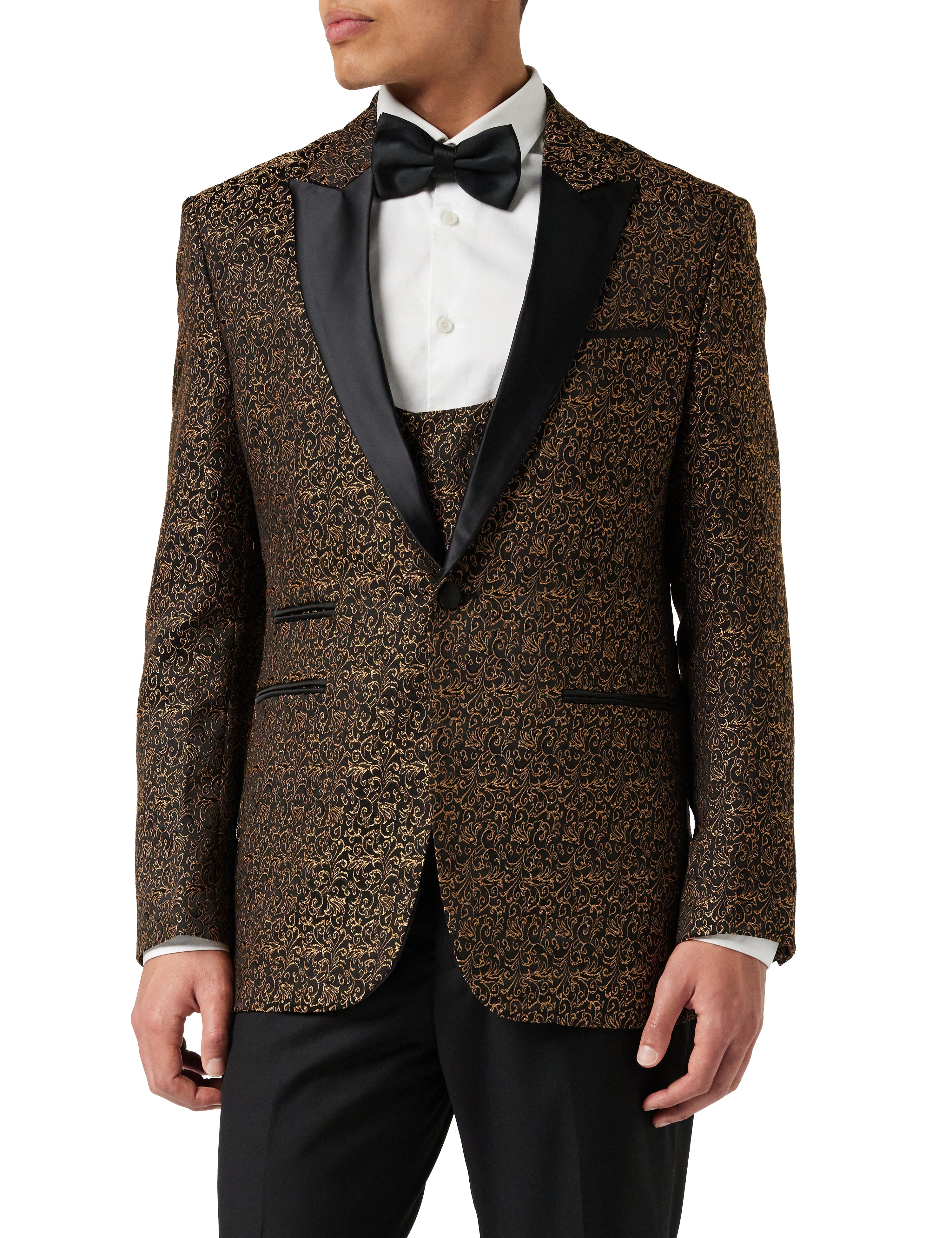 BRIAN - Floral Jacquard Print Gold Tuxedo Jacket With Waistcoat