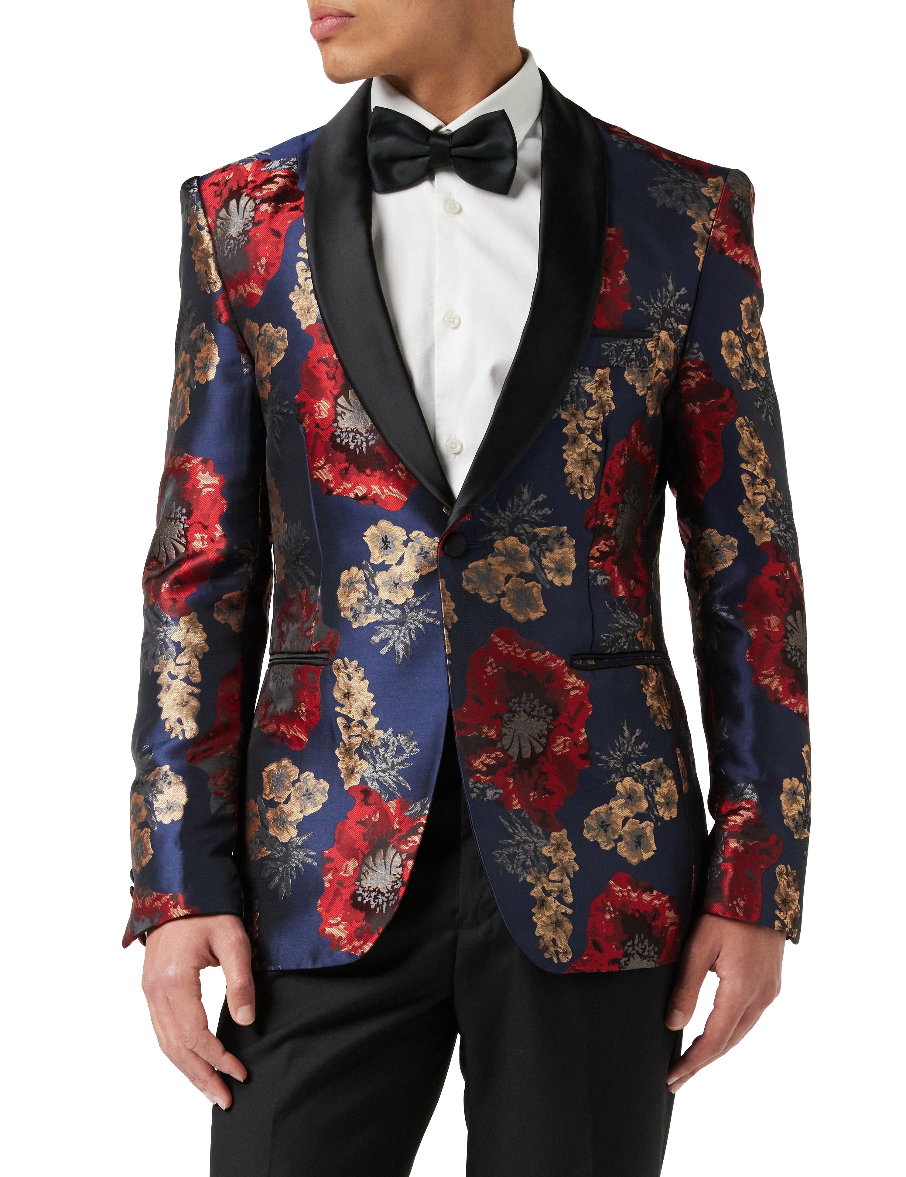 Flocked Floral Red Navy Tux Jacket