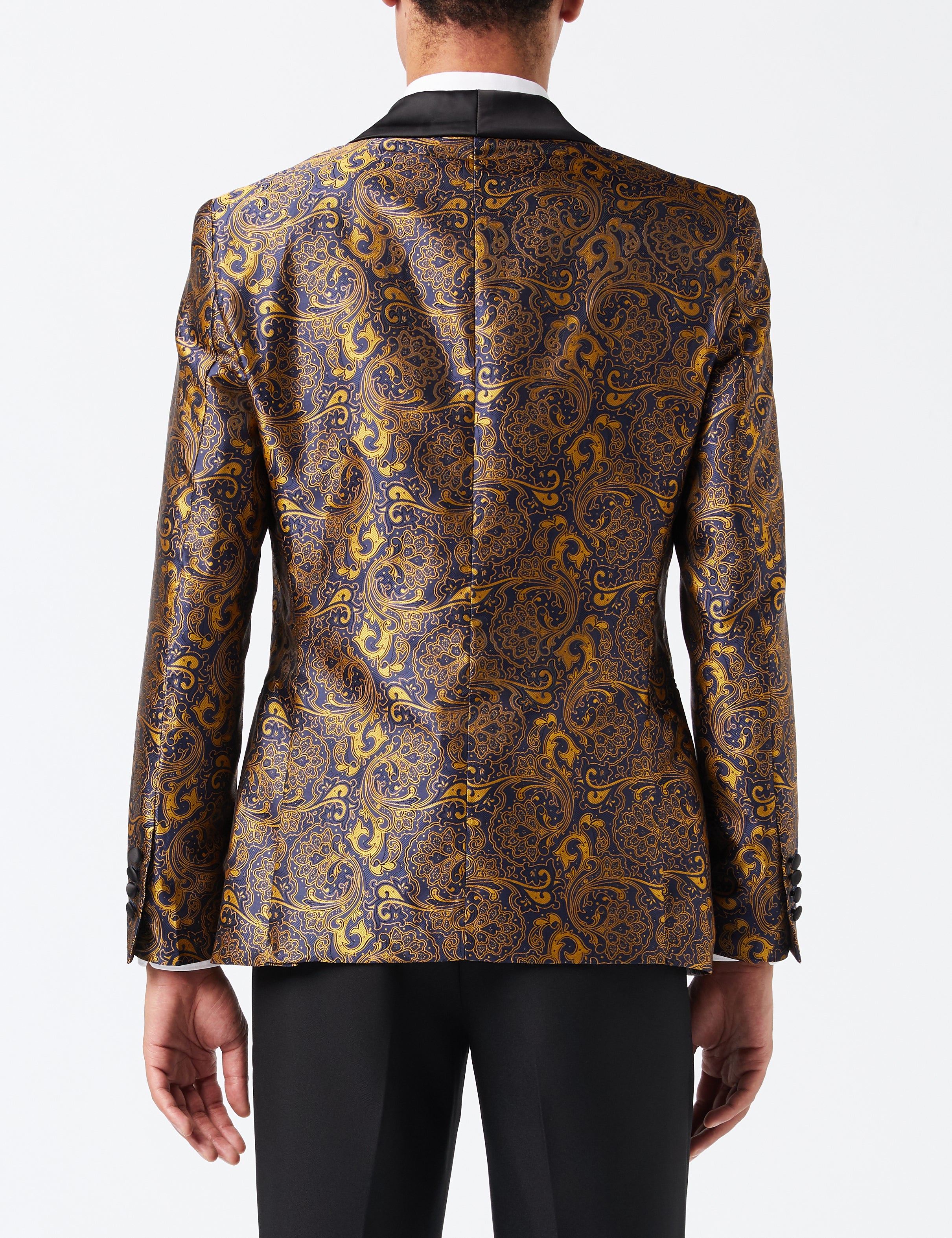 Gold Paisley Print on Navy Tuxedo Jacket