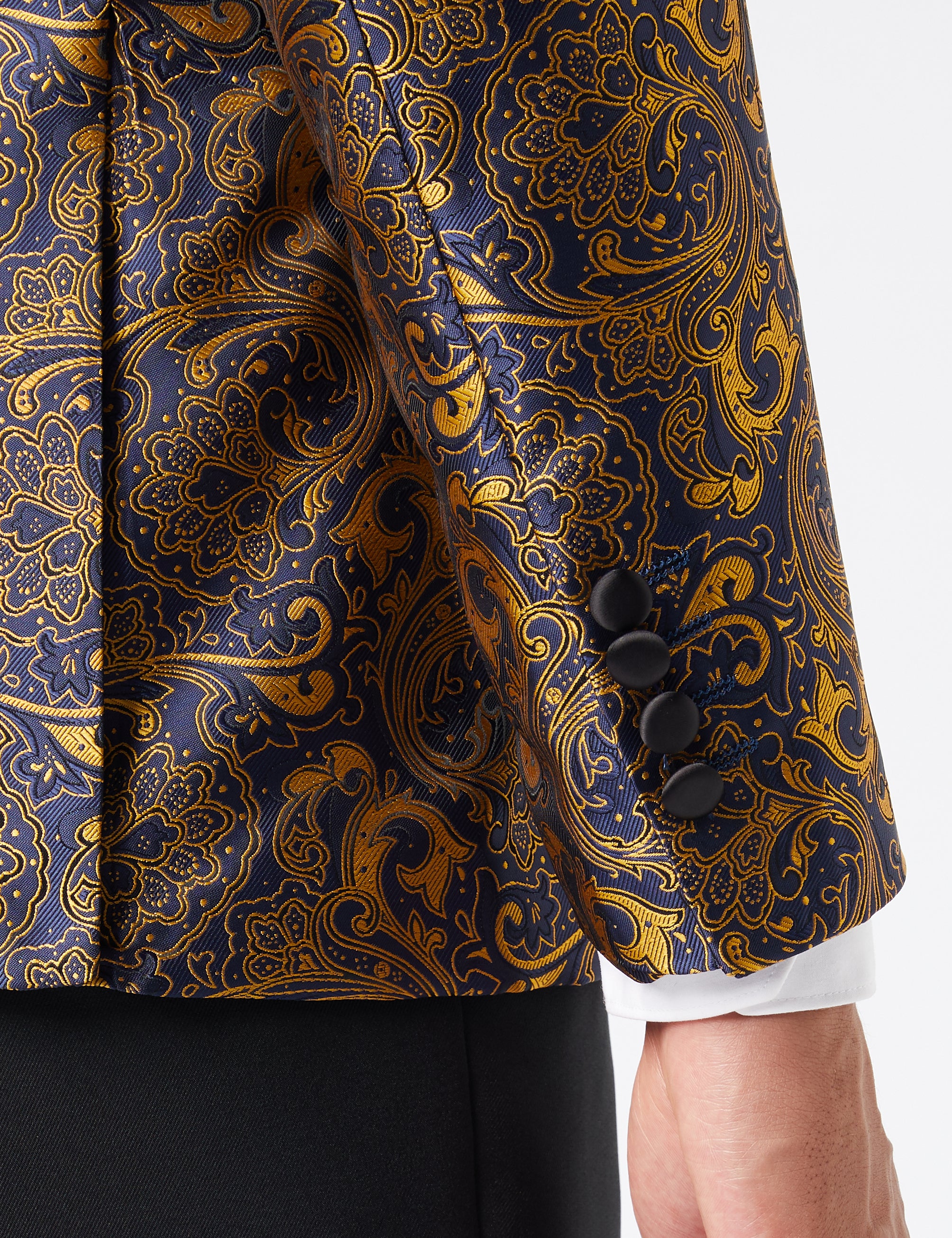 Gold Paisley Print on Navy Tuxedo Jacket