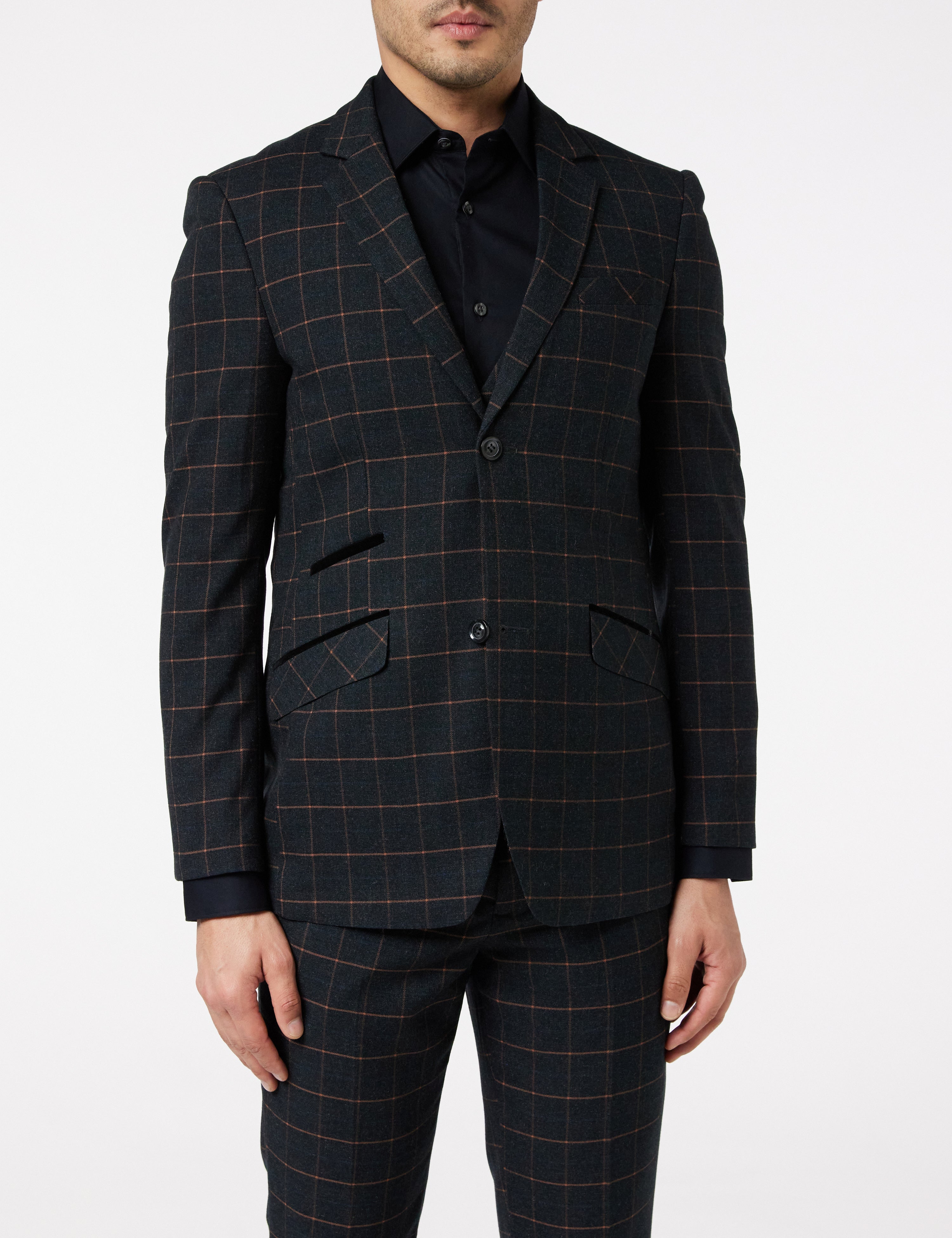 Manzini Mens Plaid Suit Fancy Vest Jet Black Checker 3 Pc. Oxford