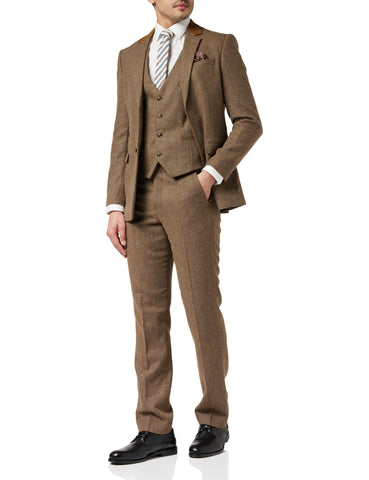 Striped neck tie on tan 3 piece tweed suit for mens