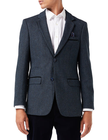 mens blue tweed jacket with pocket trims